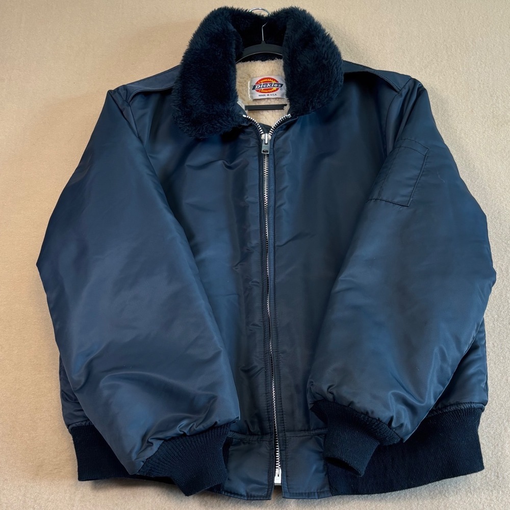 Vintage Dickies Bomber Jacket Navy Blue Sherpa Lined Made in USA Men Large *FLAW